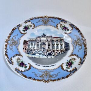 Mid 20th Century French Blue & Gold Trevi Fountain "Roma" Ceramic Plate